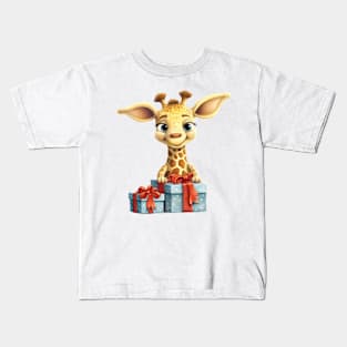 Baby Christmas Giraffe With Gift Kids T-Shirt